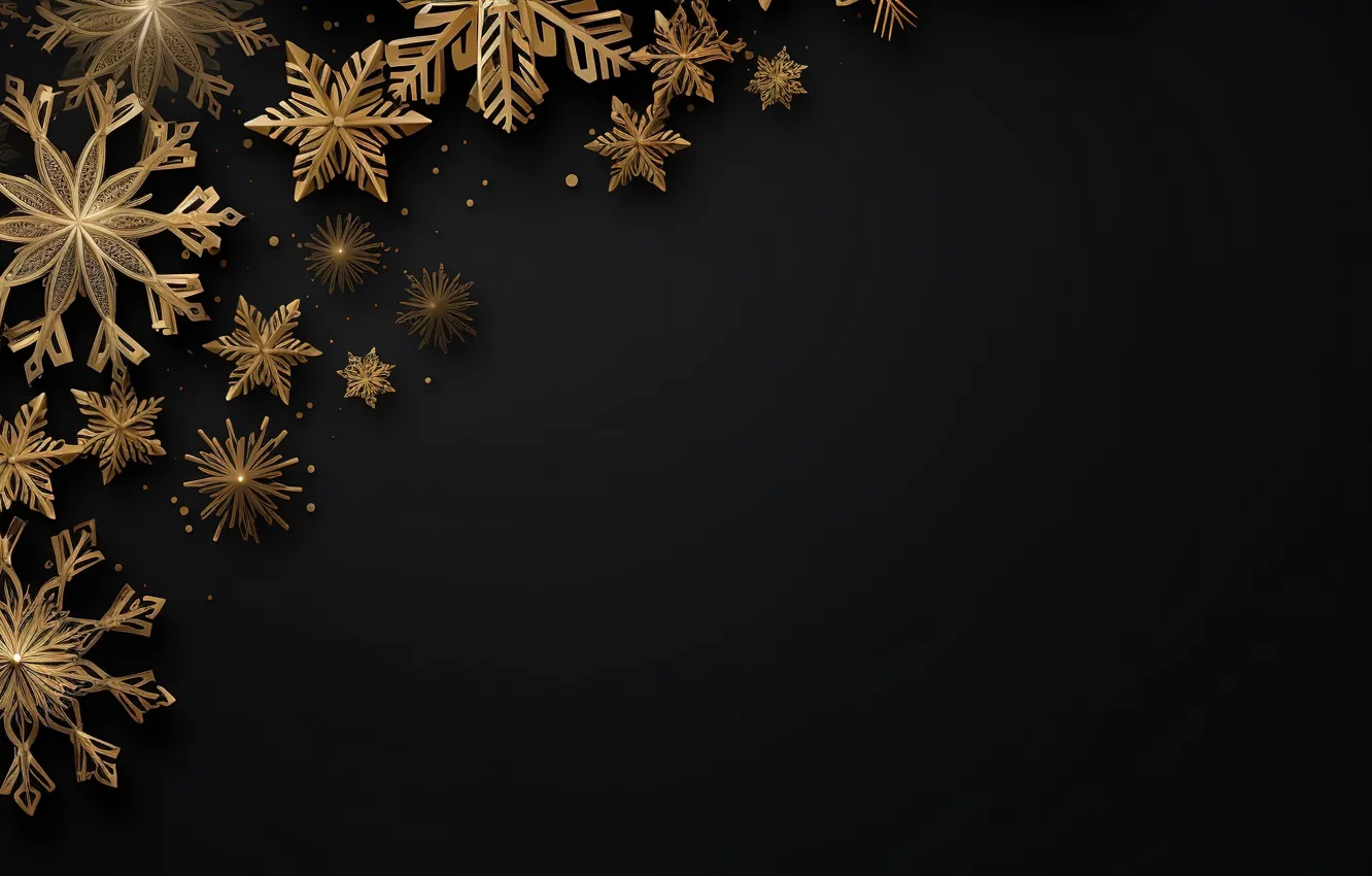 Photo wallpaper snowflakes, background, gold, black, New Year, Christmas, golden, black