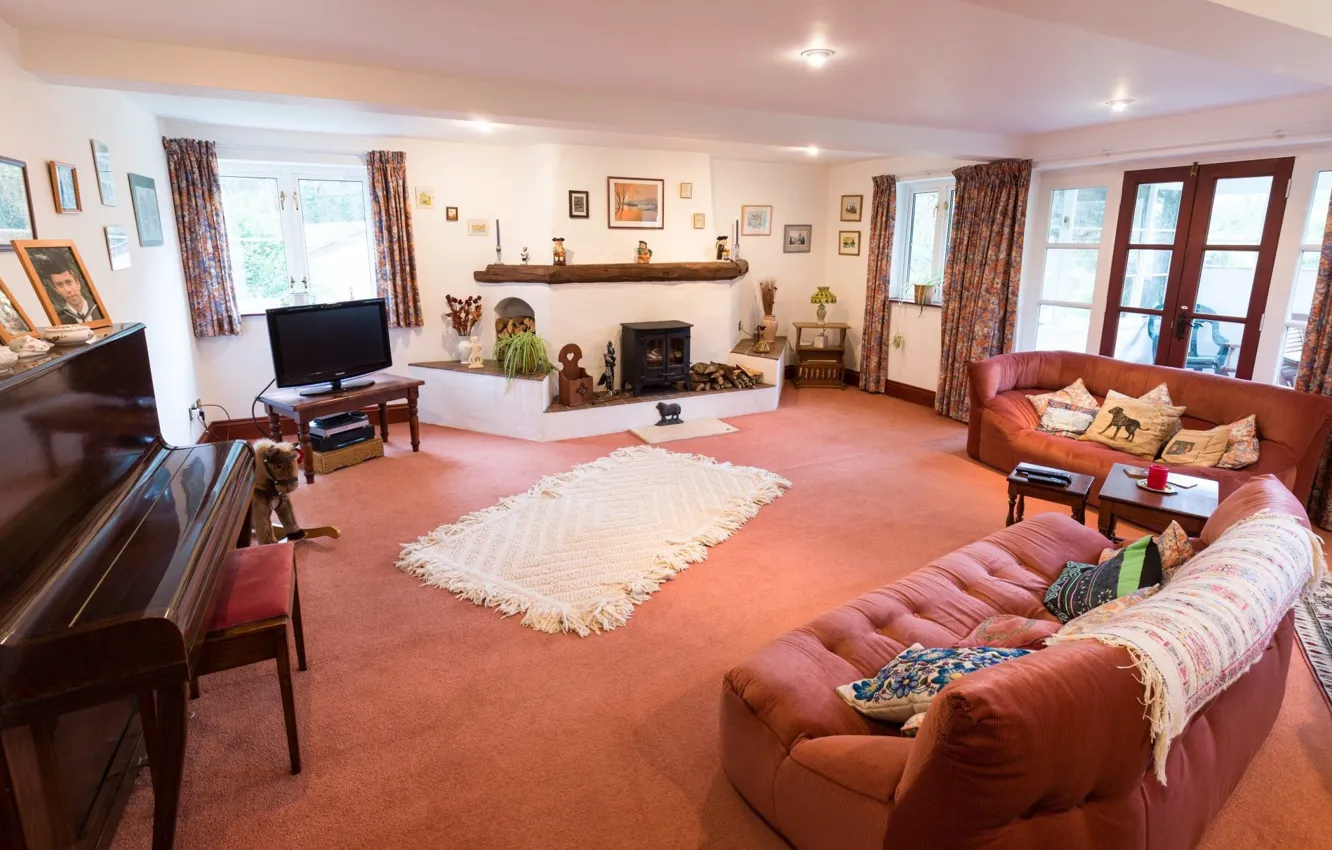 Photo wallpaper design, interior, UK, fireplace, Great Britain, spacious living room, Llanrothal, Tregate Warren Cottage