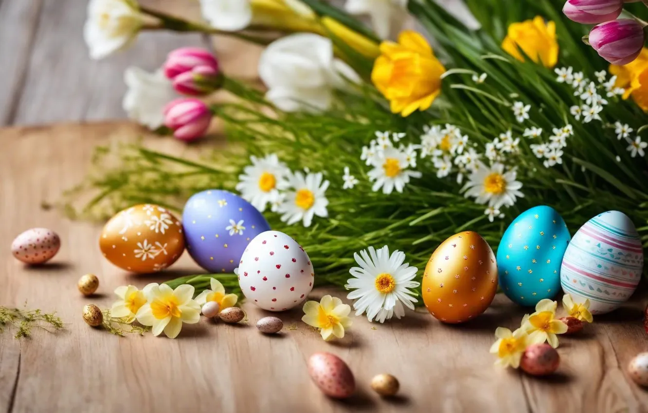 Photo wallpaper flowers, eggs, spring, colorful, Easter, flowers, spring, Easter