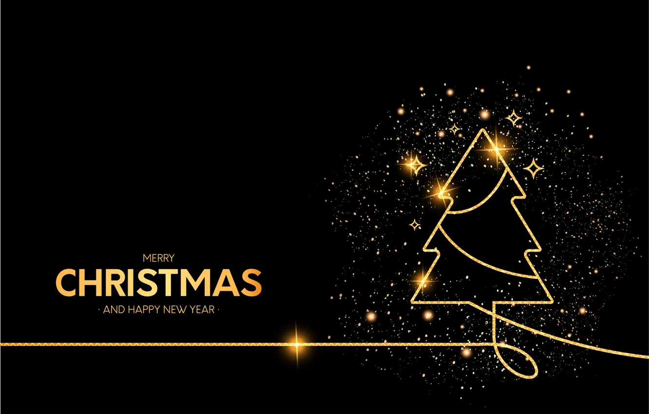 Photo wallpaper decoration, gold, tree, new year, Christmas, dark, golden, black background