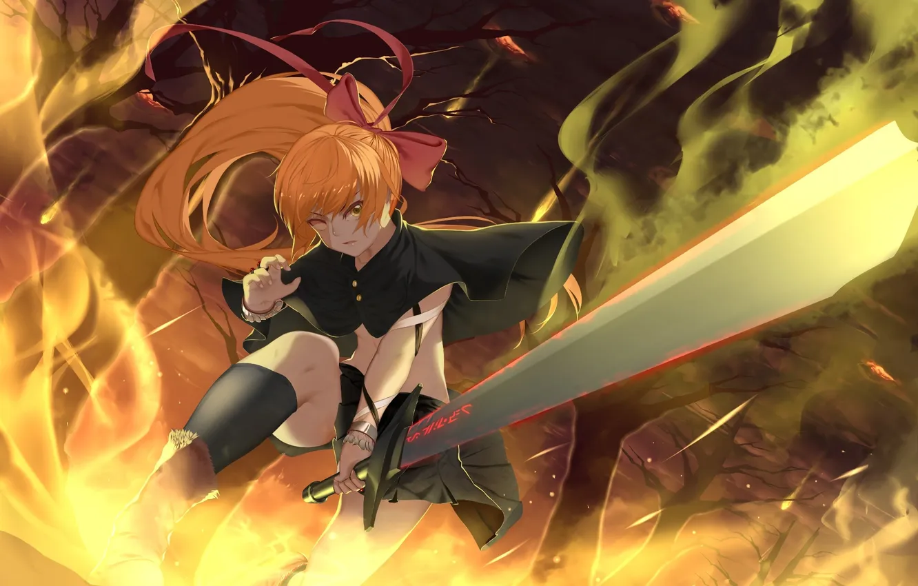 Photo wallpaper the sky, girl, clouds, trees, weapons, sword, anime, art