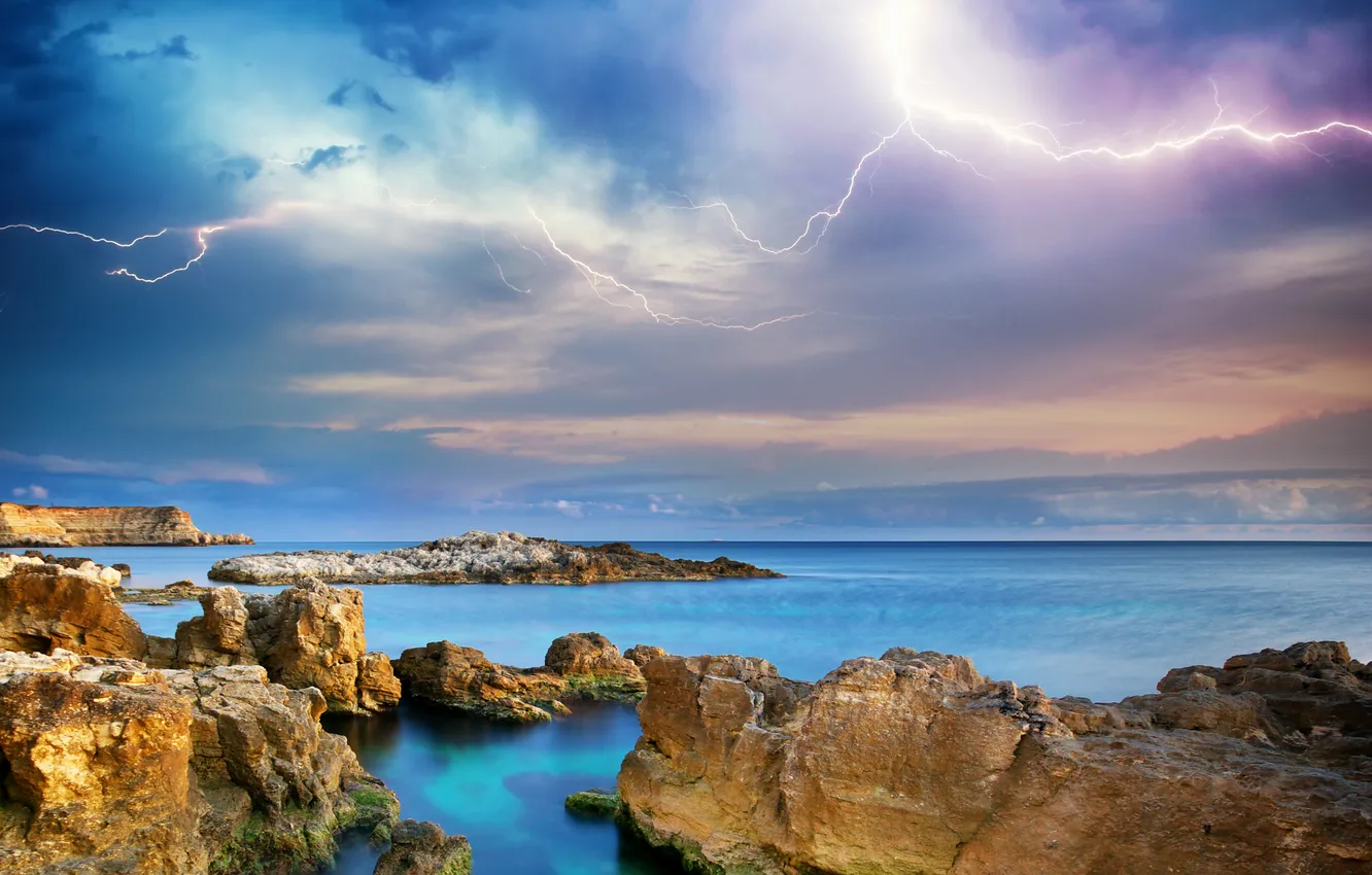 Photo wallpaper sea, stones, lightning, Islands