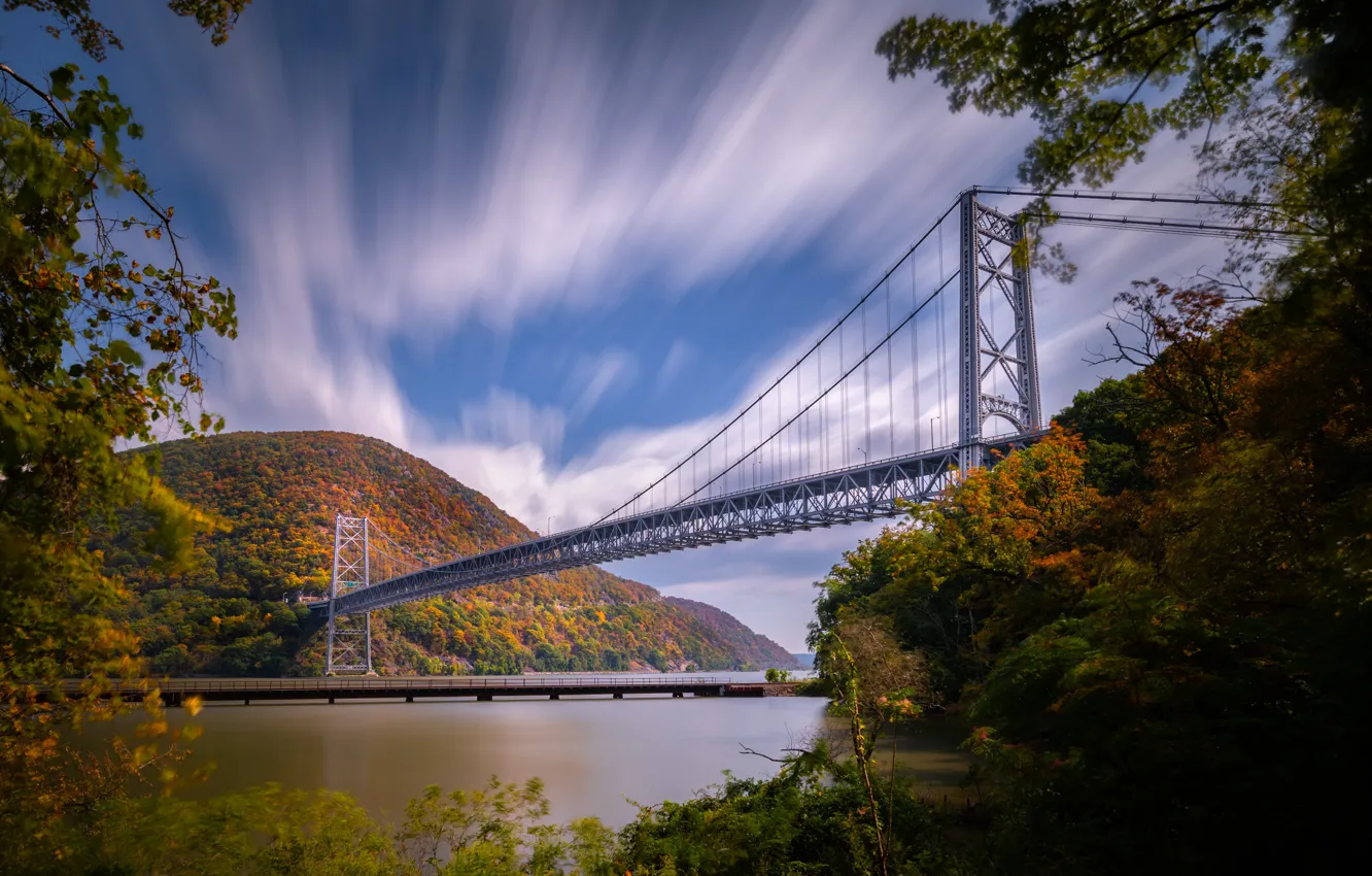 Photo wallpaper autumn, the sky, mountains, bridge, river, Hudson River, the state of new York, The Hudson …