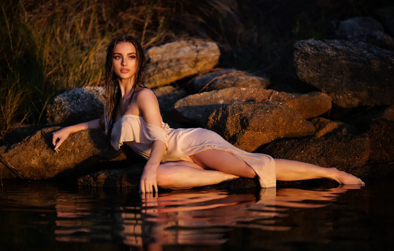 Photo wallpaper water, girl, pose, stones, feet, dress, Jordan, Christopher Rankin