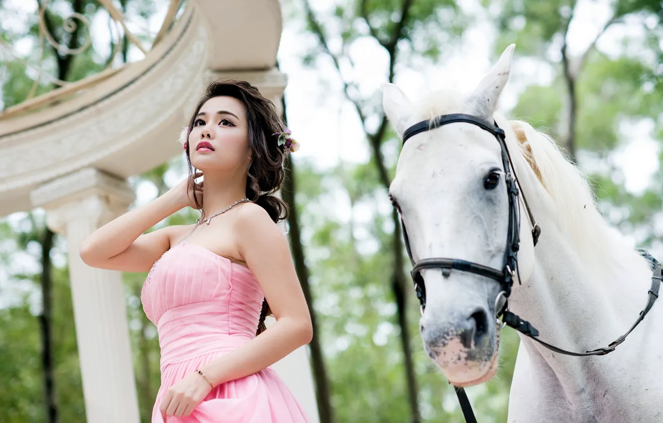 Photo wallpaper girl, horse, dress, Asian, cutie