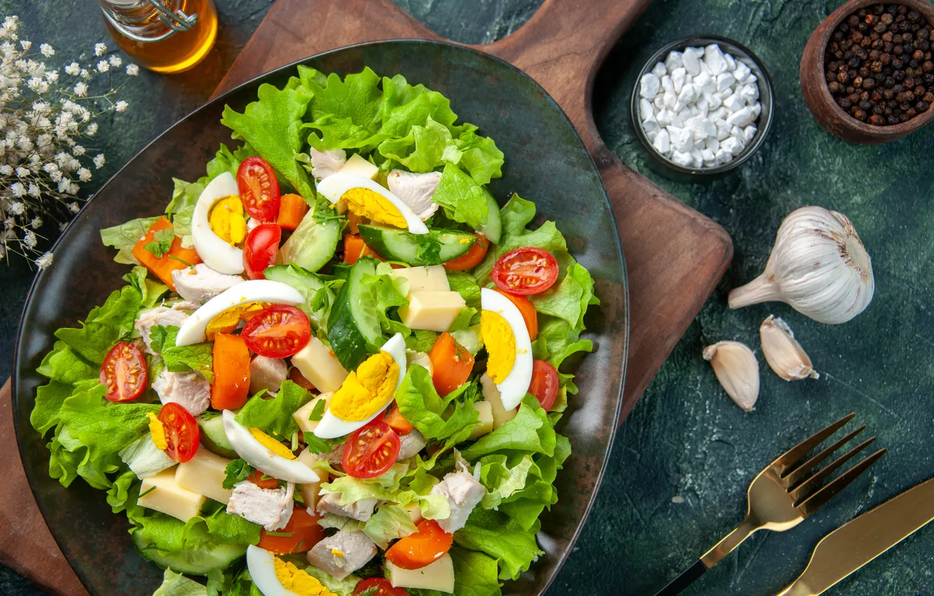 Photo wallpaper table, food, plate, vegetables, salad, submission