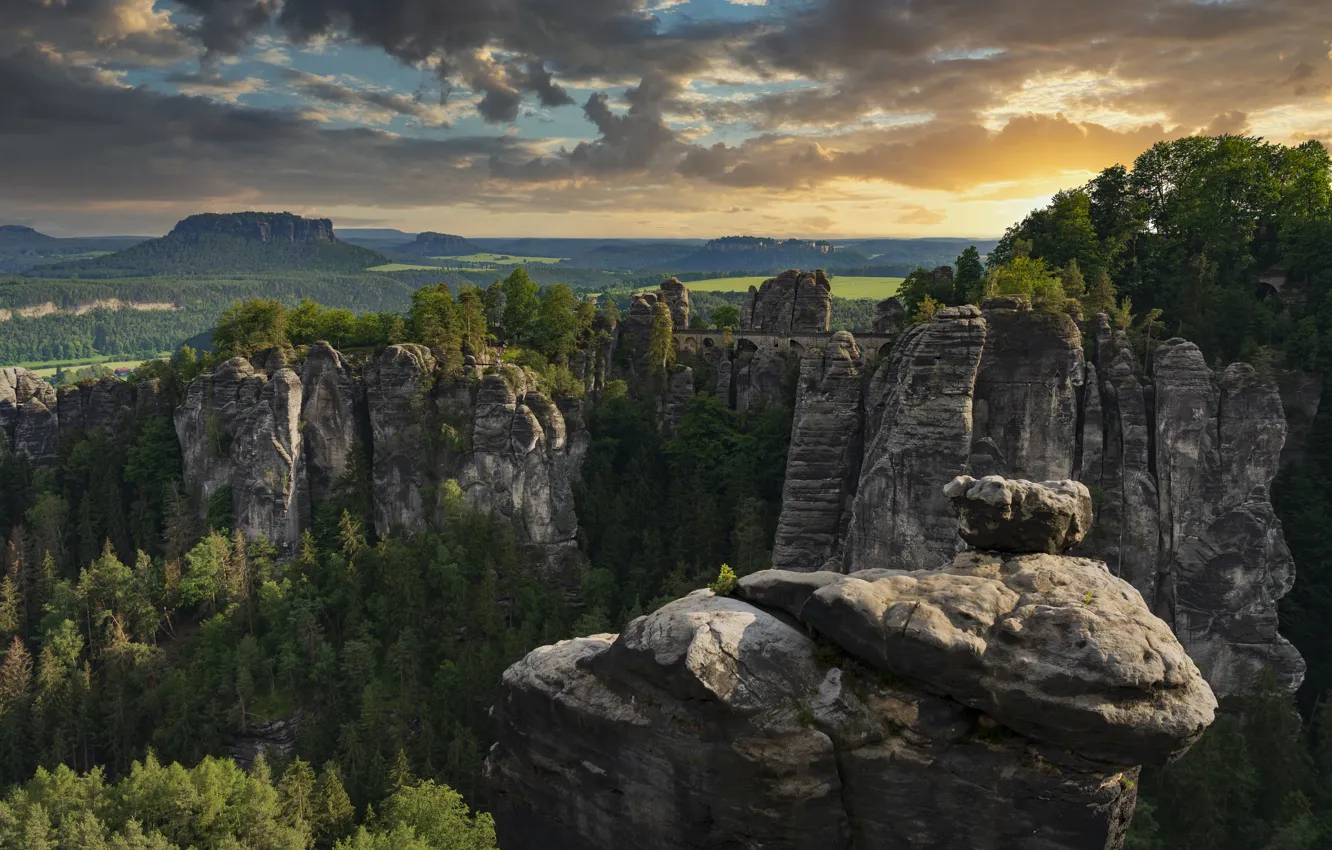 Photo wallpaper landscape, nature, forest, Saxon Switzerland, Elbe Sandstone mountains, Bastei