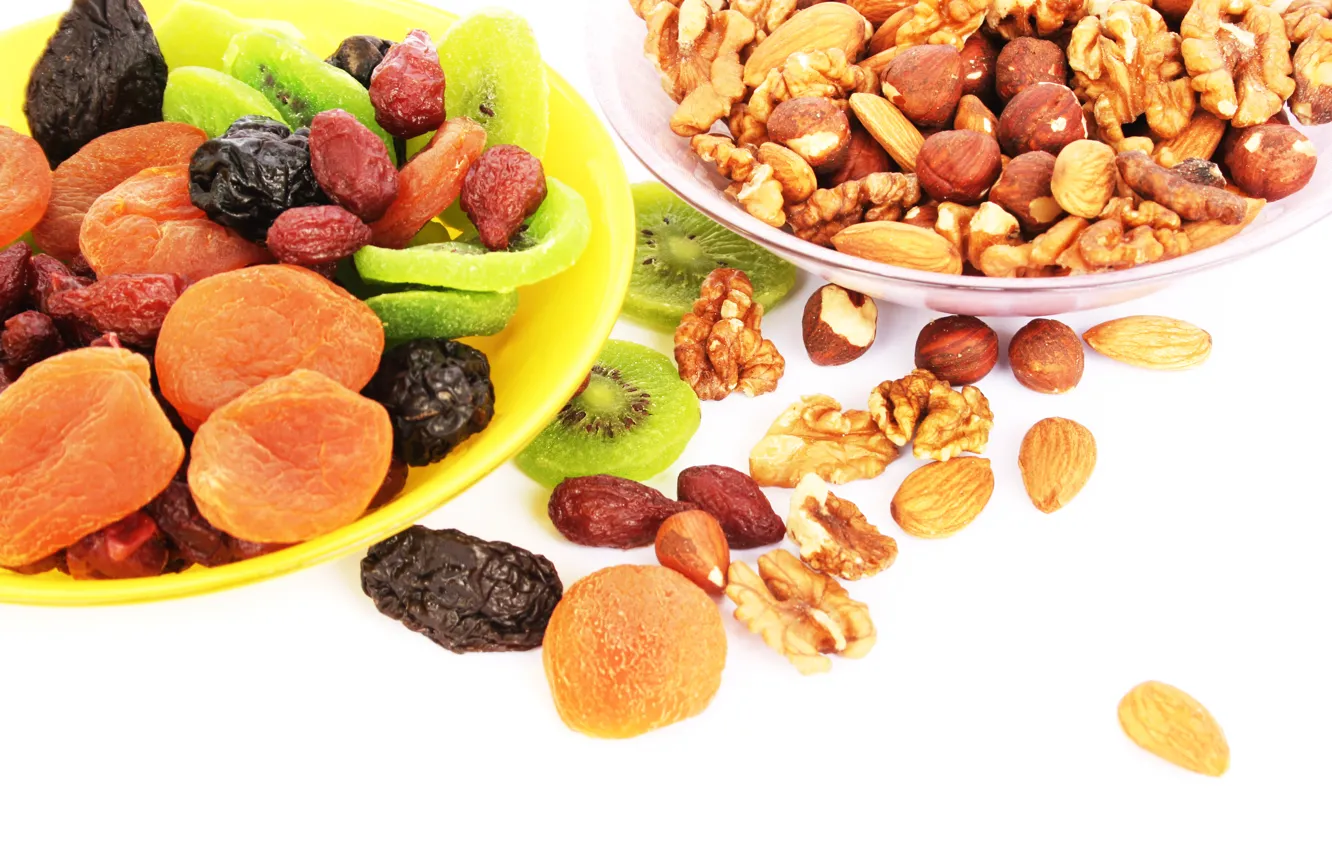Photo wallpaper kiwi, nuts, fruit, nuts, dried apricots, dried fruits, prunes