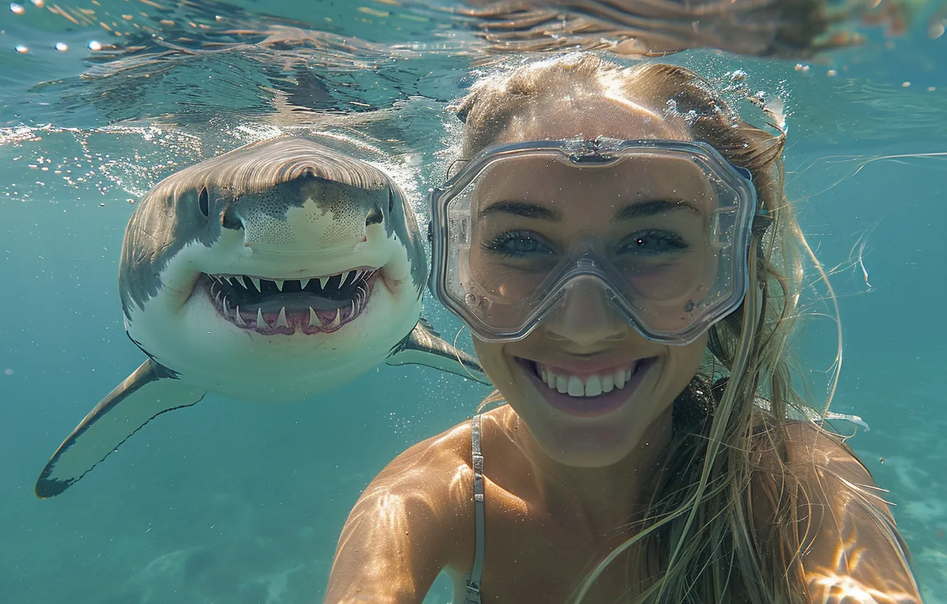 Photo wallpaper girl, underwater, smile, shark, cool, teeth, AI Art