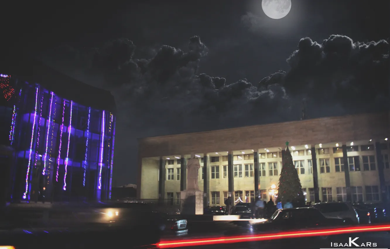 Photo wallpaper clouds, night, city, the city, the moon, night, cloud