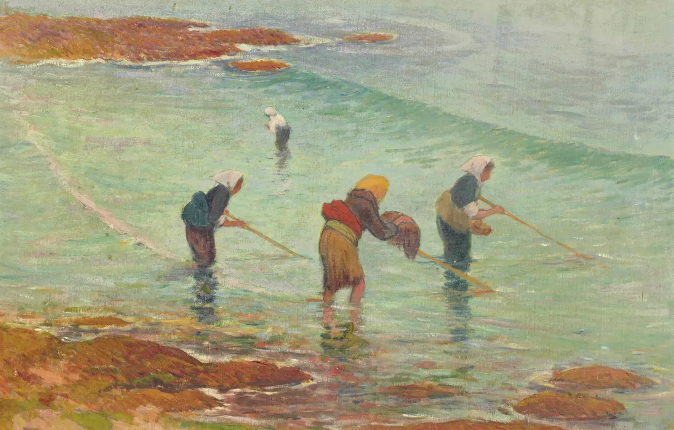 Photo wallpaper sea, women, fishing, picture, genre, Henri Moret, Fisherwomen
