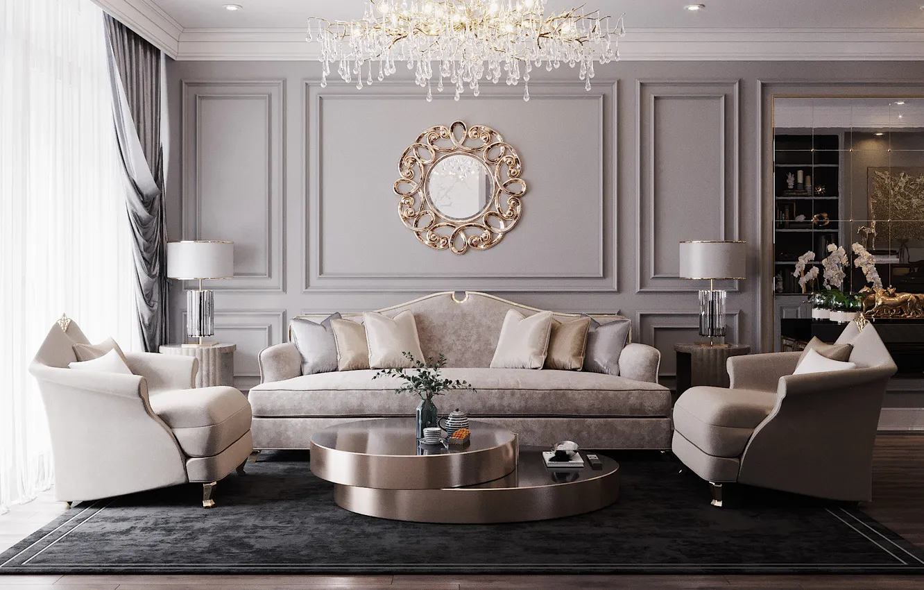 Photo wallpaper design, style, room, interior, living room, pastel colors, luxury upholstered furniture