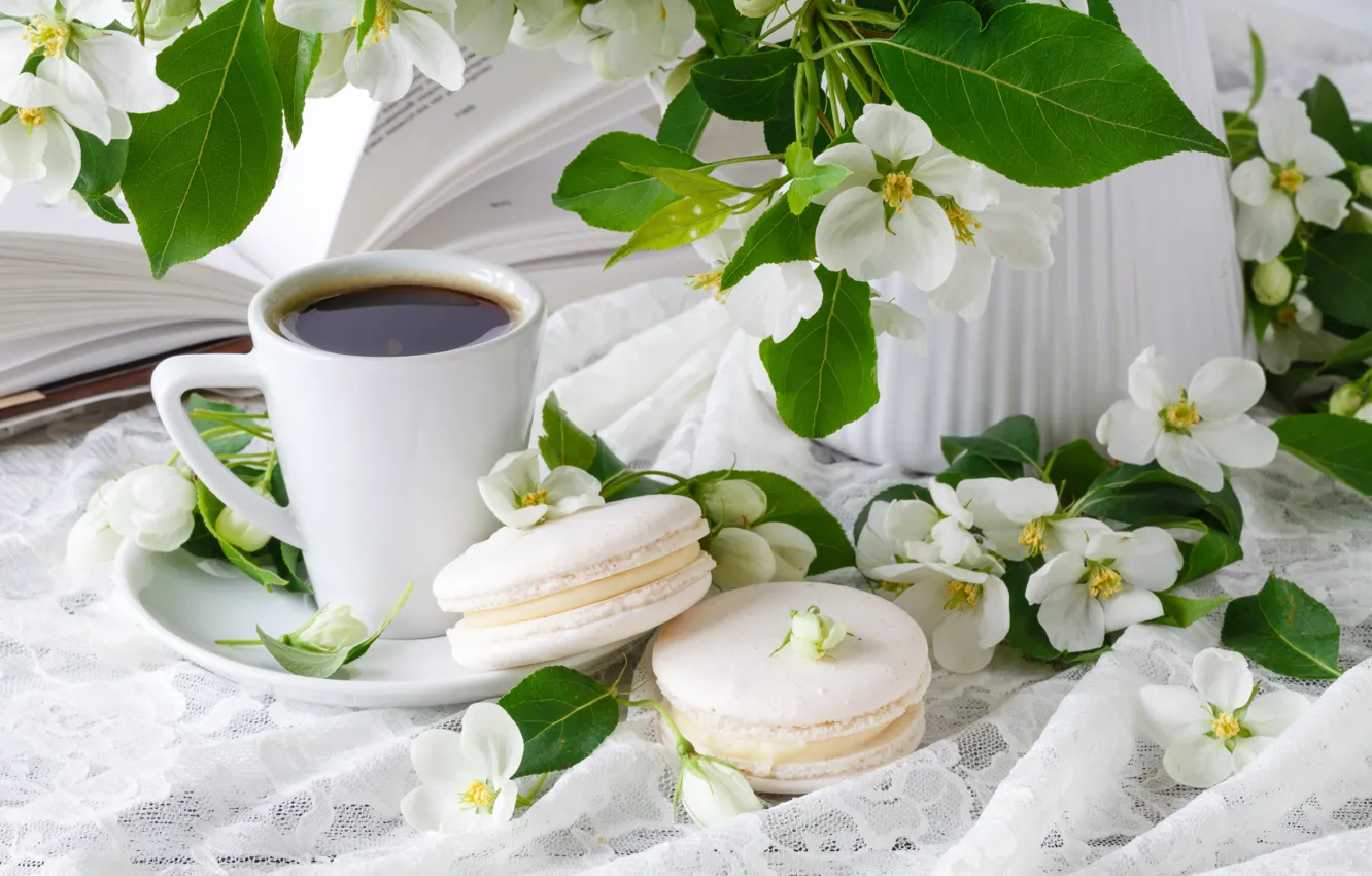 Photo wallpaper leaves, flowers, coffee, spring, fabric, macaroon