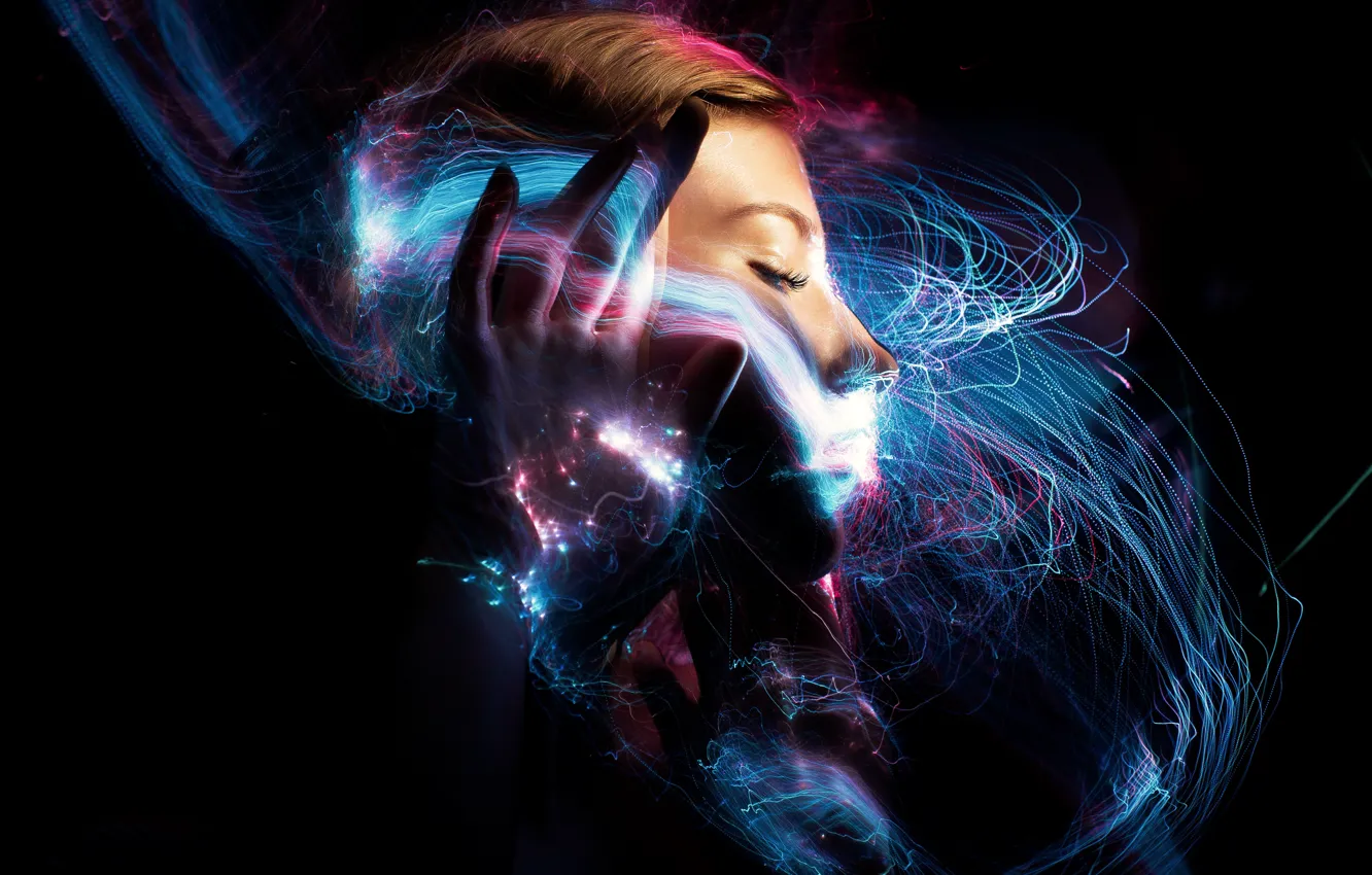 Photo wallpaper girl, effect, girl, black background, veil, effect, black background, veil