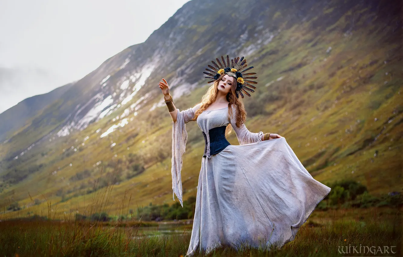 Photo wallpaper look, girl, nature, pose, makeup, dress, fantasy, outfit