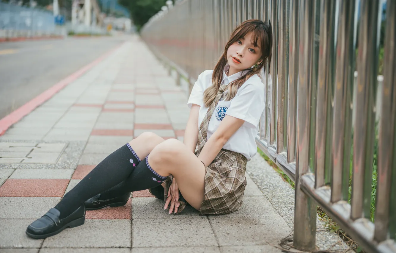 Photo wallpaper look, pose, street, model, the fence, skirt, portrait, makeup