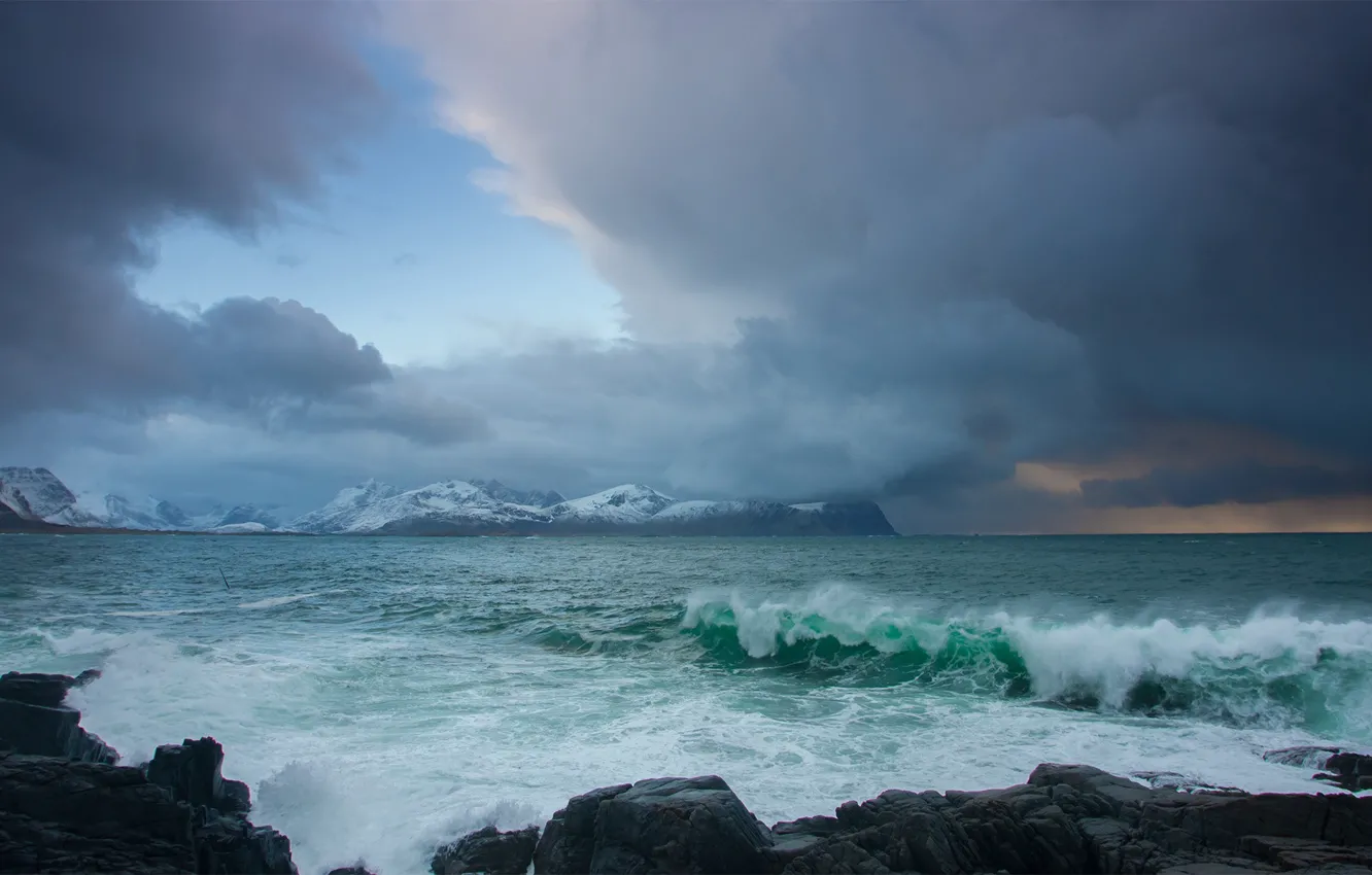 Photo wallpaper sea, wave, coast, Norway, Norway, Lofoten, Vareid