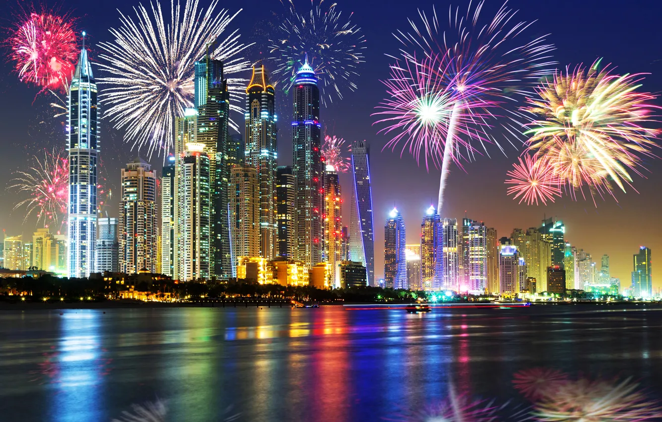 Photo wallpaper night, lights, holiday, new year, skyscrapers, salute, Dubai, promenade