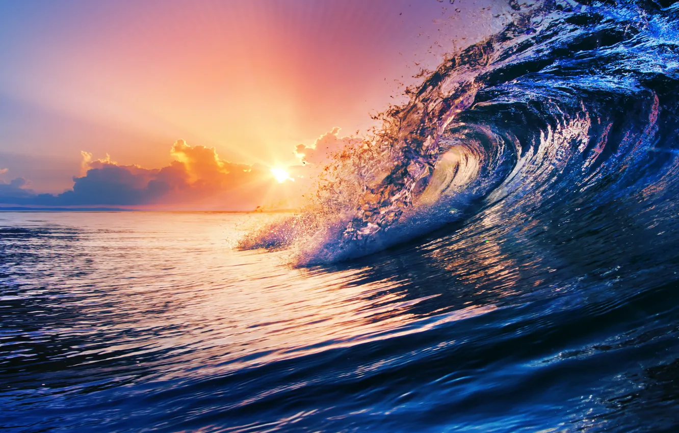 Photo wallpaper sea, water, sunset, the ocean, wave, sky, sea, ocean
