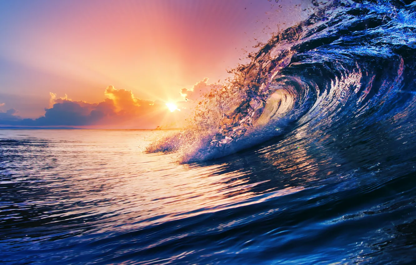 Photo wallpaper sea, wave, water, sunset, the ocean, sky, sea, ocean