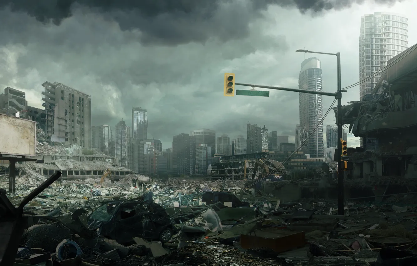 Photo wallpaper the sky, clouds, the city, ruins, postapokalipsis