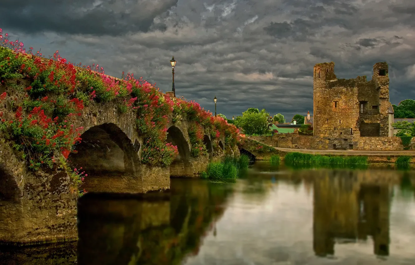 Photo wallpaper landscape, clouds, bridge, nature, reflection, river, lights, the ruins