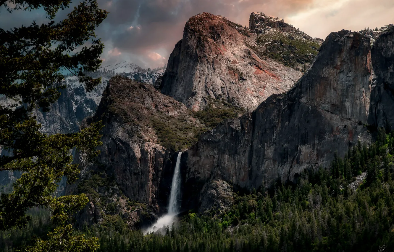 Photo wallpaper clouds, trees, mountains, nature, rocks, waterfall, USA, USA
