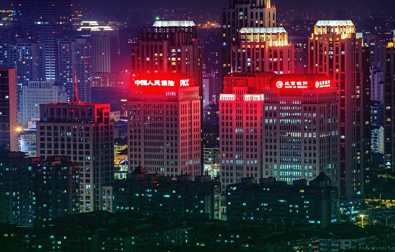 Photo wallpaper city, lights, China, Shanghai, night, city lights, buildings, skyscrapers
