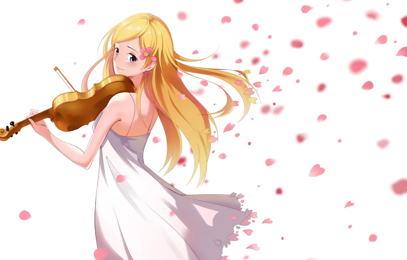 Photo wallpaper girl, violin, petals, Shigatsu wa Kimi no Uso, Your April lie