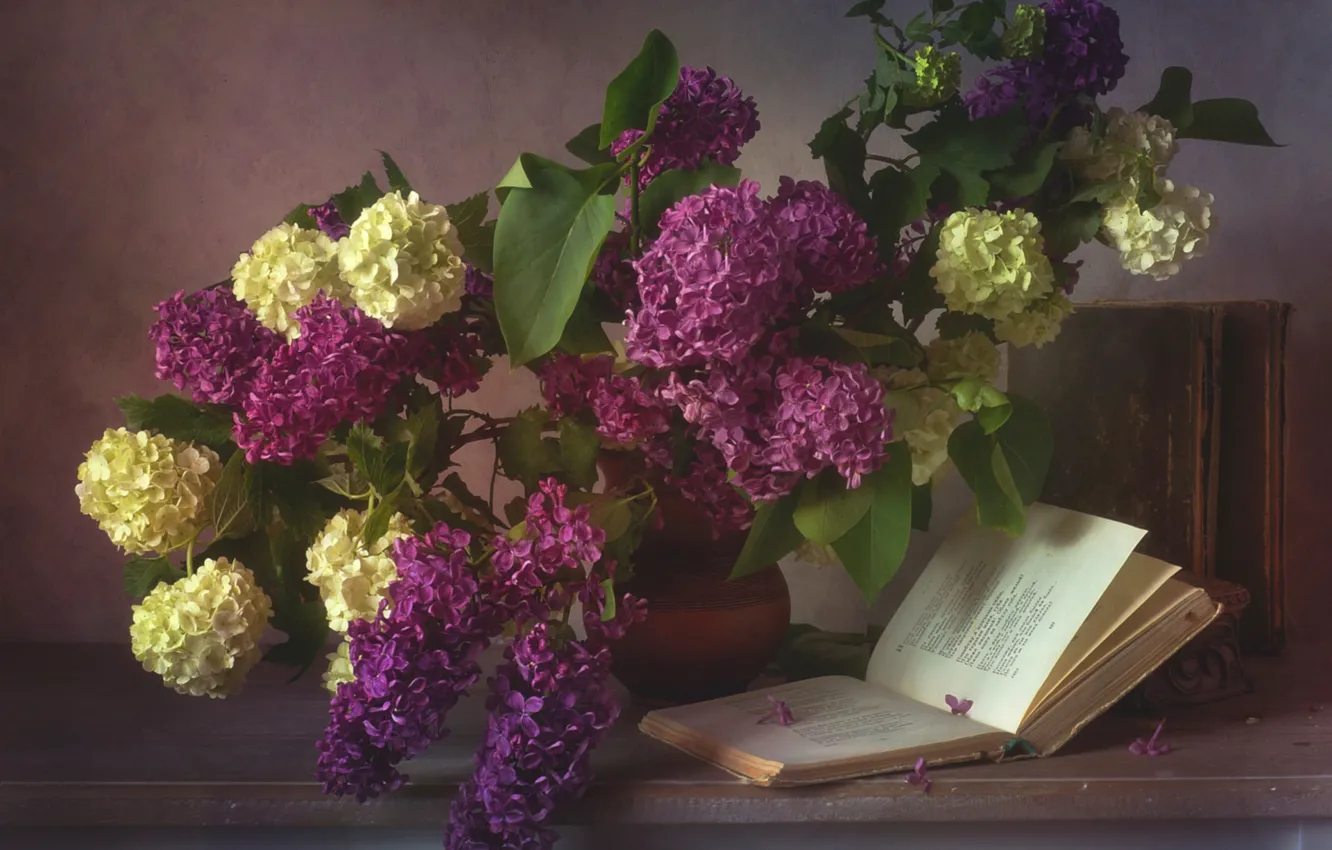 Photo wallpaper bouquet, book, lilac, hydrangea