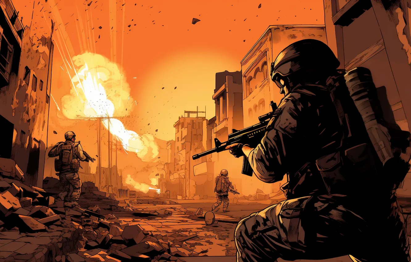 Photo wallpaper Home, The city, Fire, Soldiers, Machine, Art, Men, Digital art