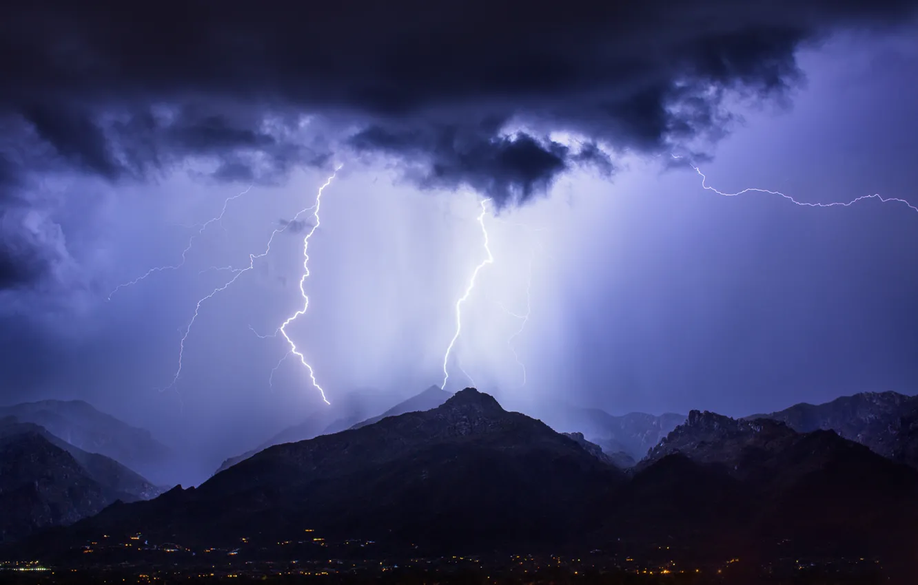 Photo wallpaper the storm, the sky, mountains, night, blue, clouds, the city, lightning