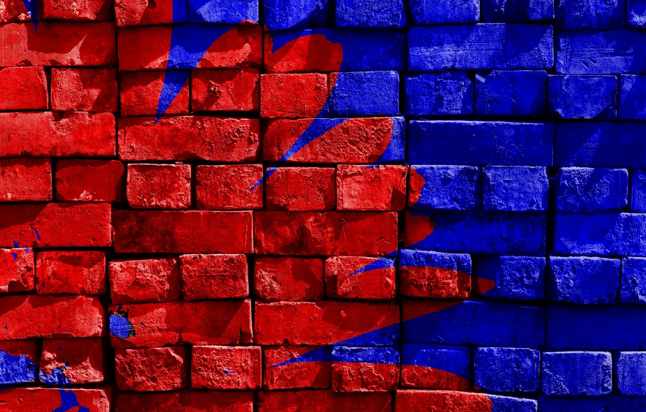 Photo wallpaper blue, red, figure, paint, color, brick, Wall, texture