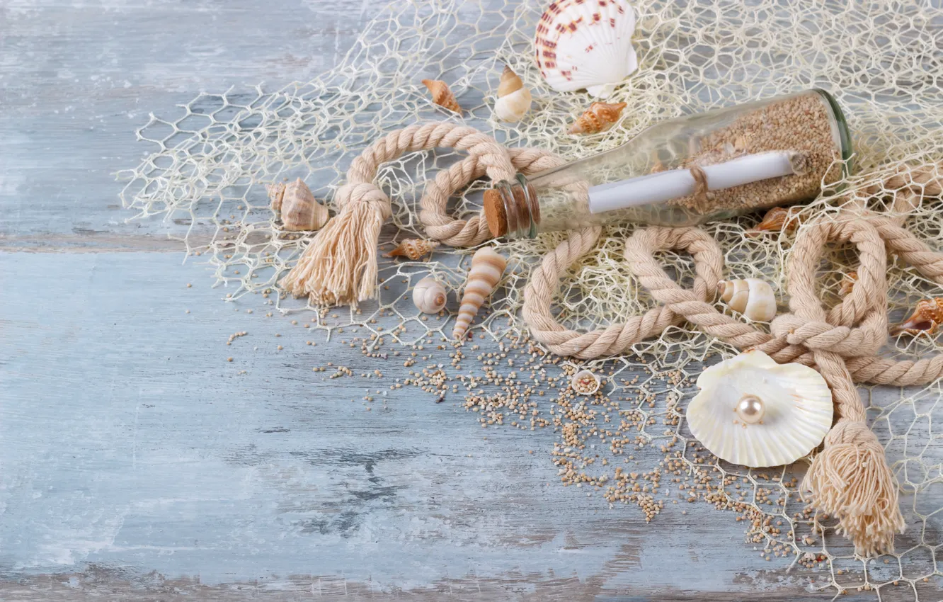Photo wallpaper sand, bottle, shell, wood, sand, marine, still life, pearl