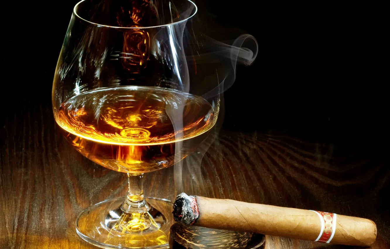 Photo wallpaper table, smoke, glass, alcohol, cigar, twilight, ashtray