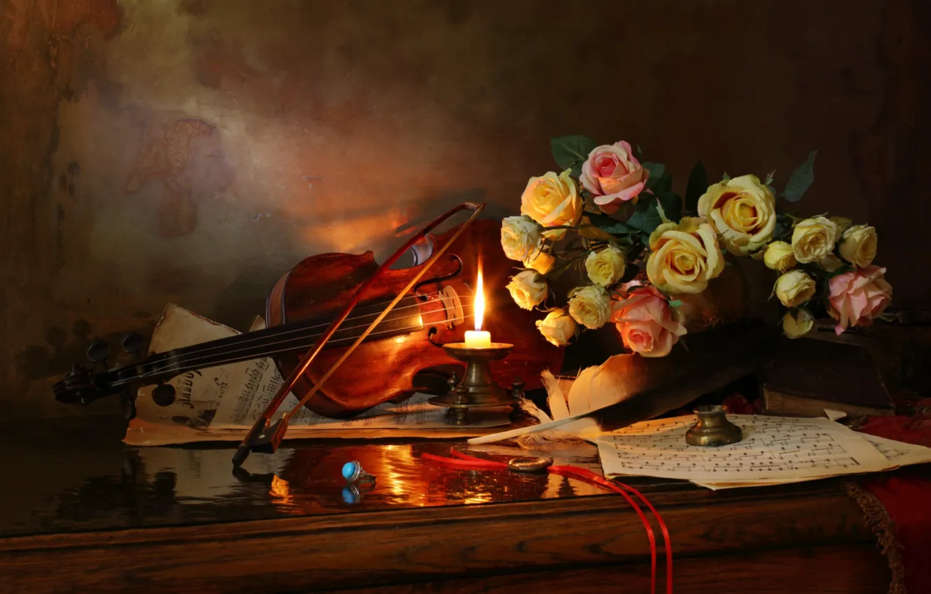 Photo wallpaper notes, pen, violin, roses, candle, ring