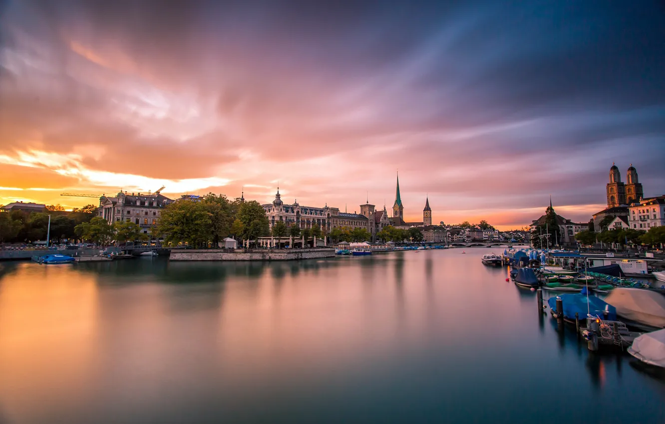 Photo wallpaper sunset, bridge, the city, river, boats, the evening, Switzerland, Switzerland