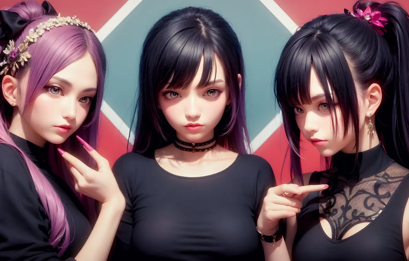 Photo wallpaper long hair, boobs, ponytail, asian, digital art, artwork, black hair, dark hair