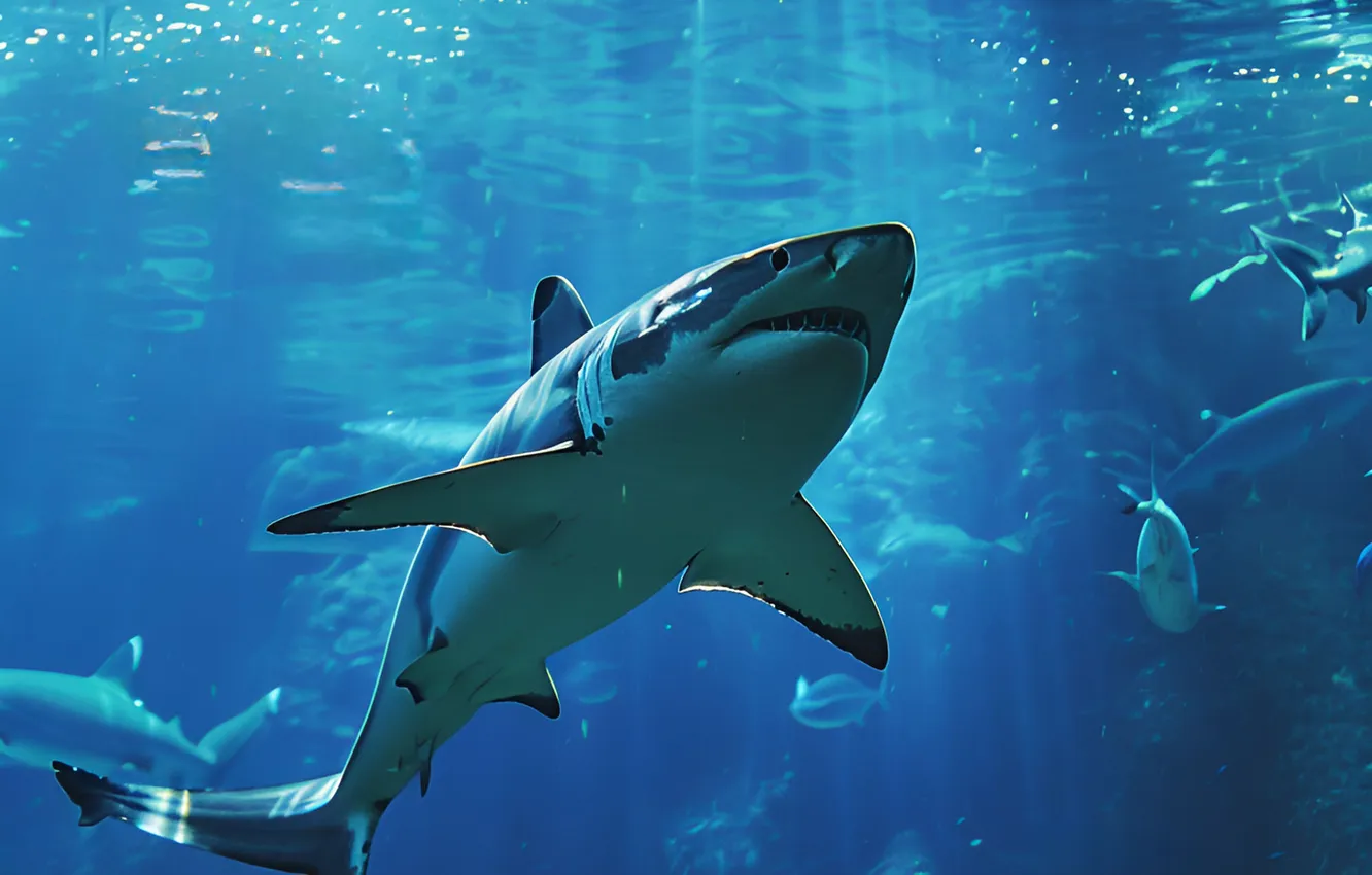 Photo wallpaper fish, predator, shark, underwater world, digital art, AI art, The Art of Artificial Intelligence, neural …