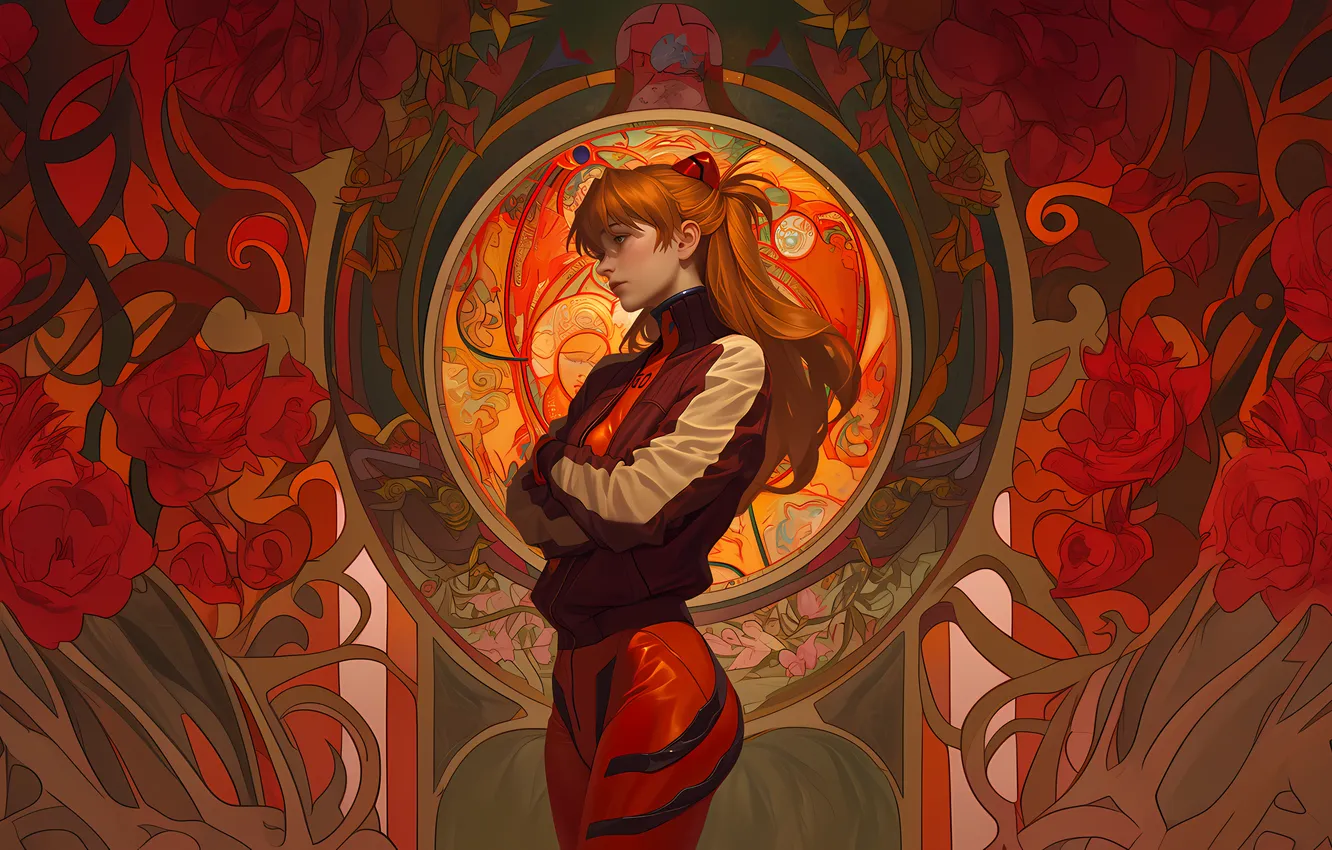 Photo wallpaper Chinese architecture, AI Art, Alphonse Mucha