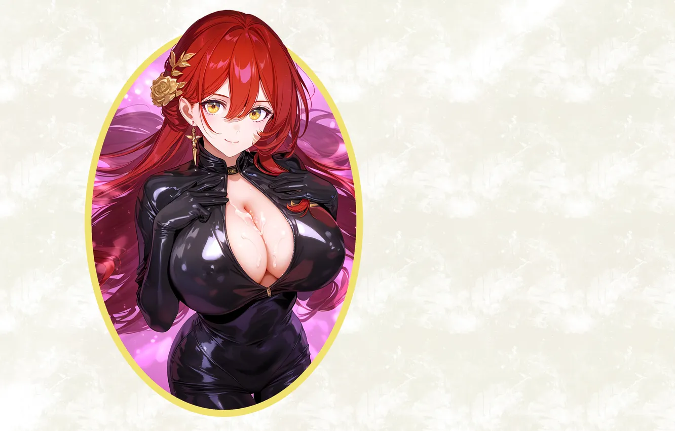 Photo wallpaper girl, hot, sexy, cleavage, red hair, boobs, anime, leather