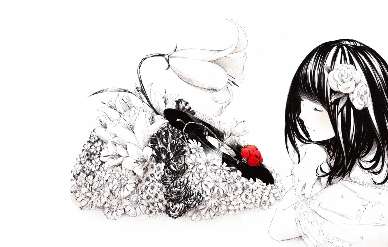 Photo wallpaper girl, flowers, music, mood, figure, anime