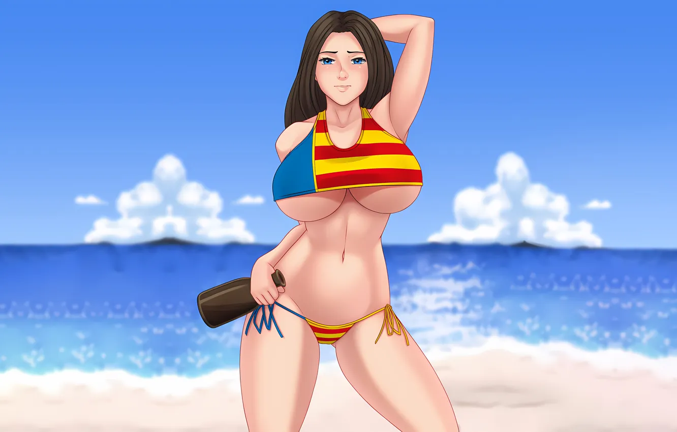 Photo wallpaper girl, sexy, cleavage, beach, sky, long hair, sea, boobs