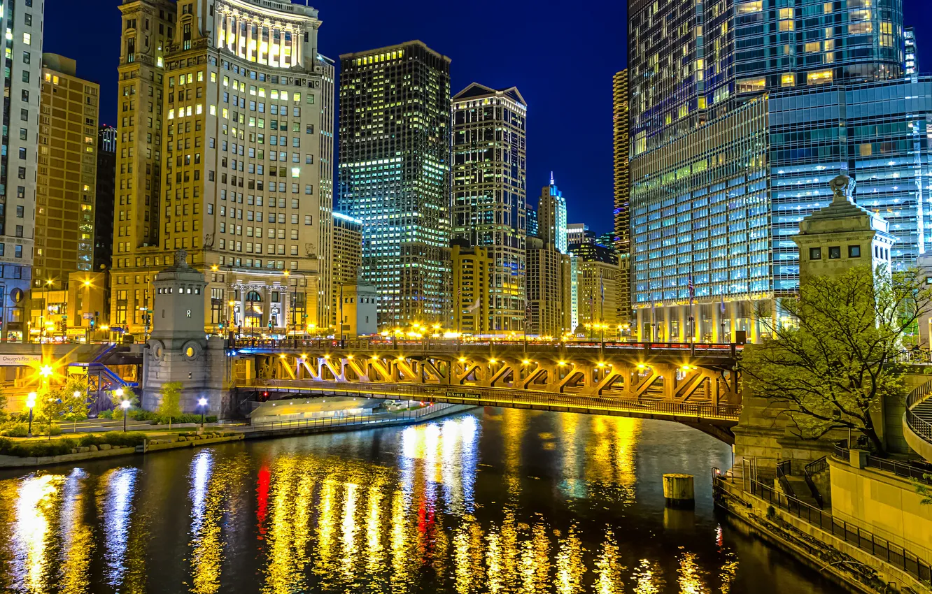 Photo wallpaper light, night, bridge, the city, reflection, river, building, skyscrapers