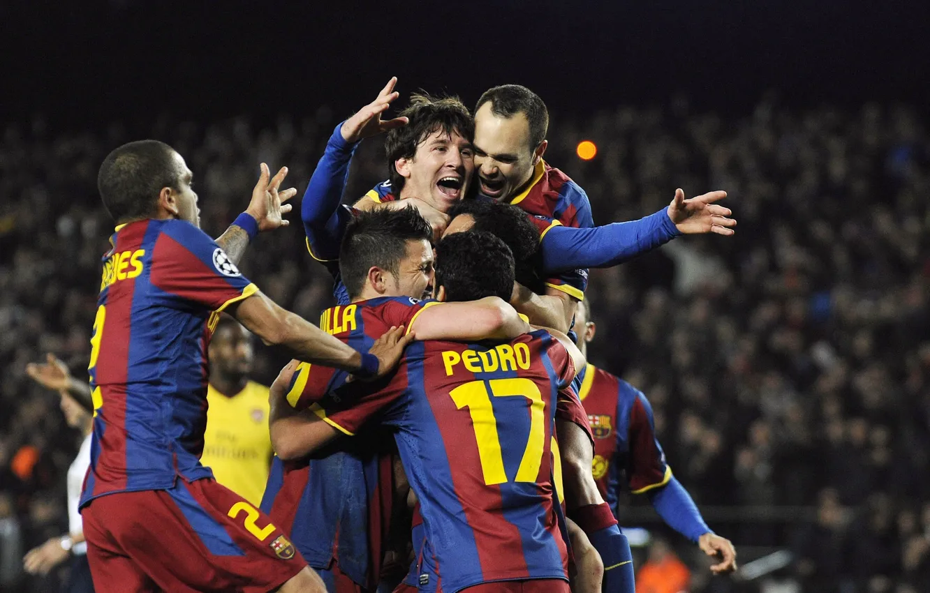 Photo wallpaper joy, football, Lionel Messi, Barcelona, David Villa, Andres Iniesta, Daniel Alves, Pedro Rodriguez