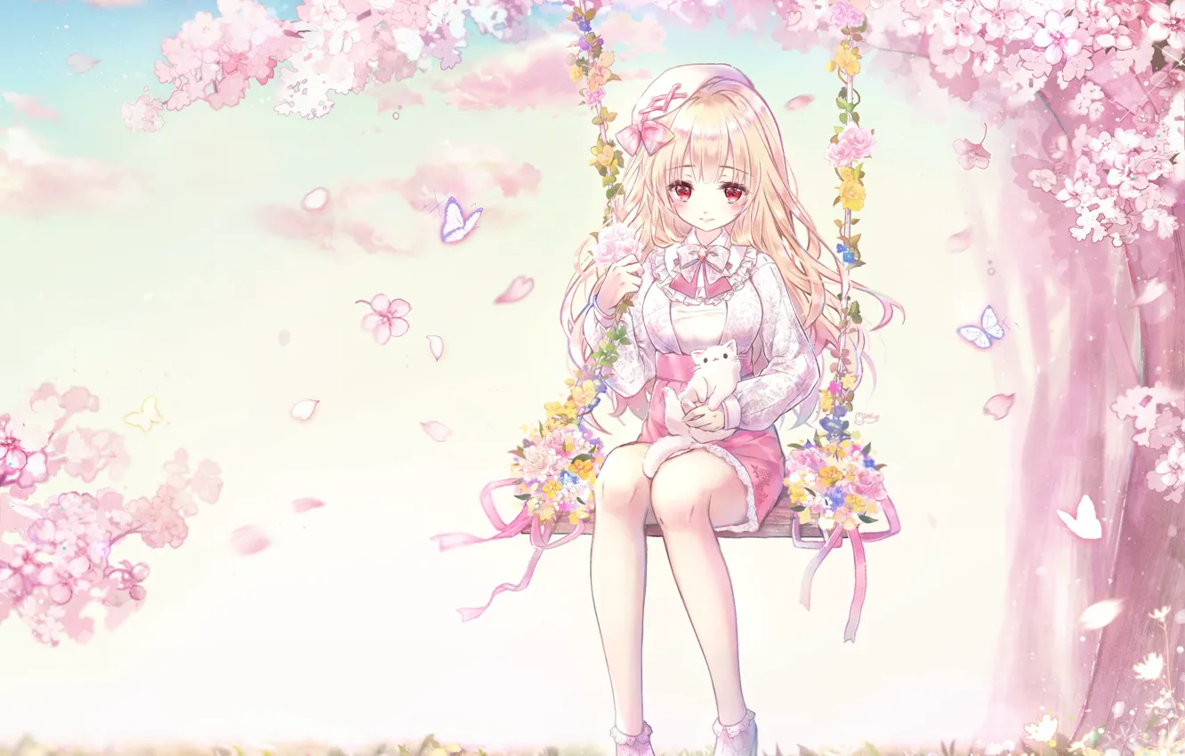Photo wallpaper flowers, swing, spring, girl, kitty