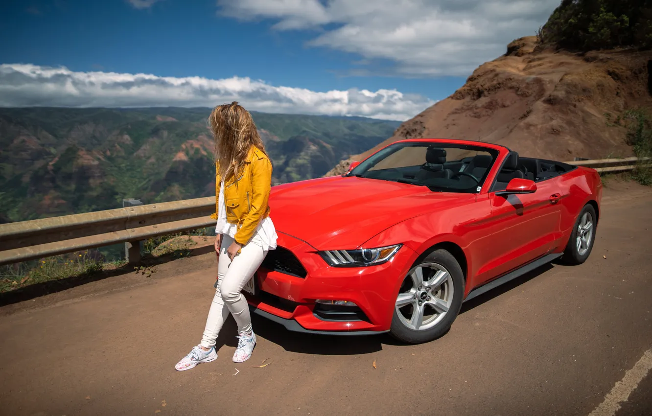 Photo wallpaper road, machine, auto, girl, mountains, convertible, Ford Mustang