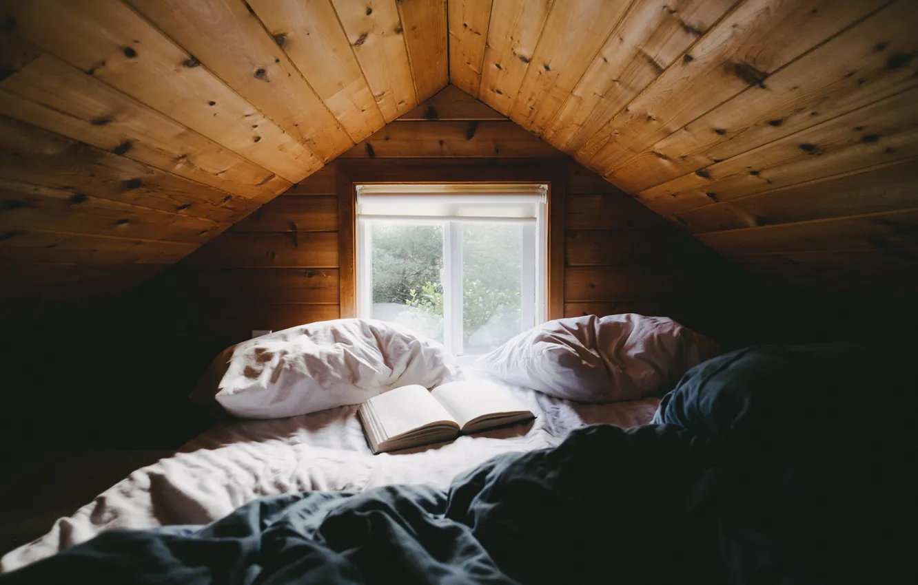 Photo wallpaper light, room, home, window, bed, book, attic
