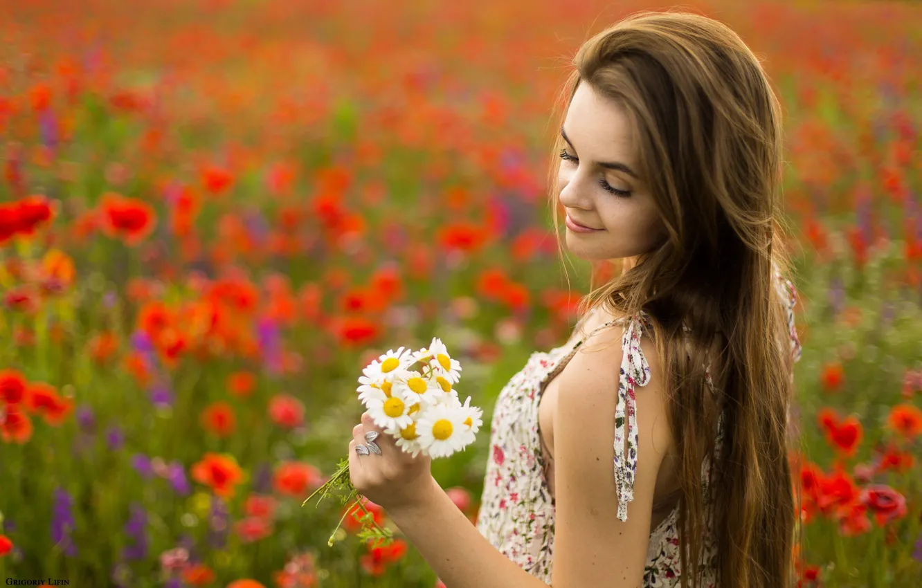 Photo wallpaper field, flowers, model, portrait, chamomile, bouquet, makeup, dress