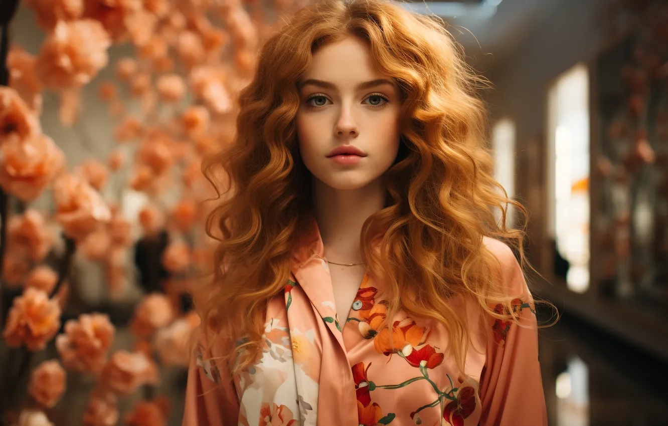 Photo wallpaper look, girl, flowers, orange, pose, portrait, window, corridor